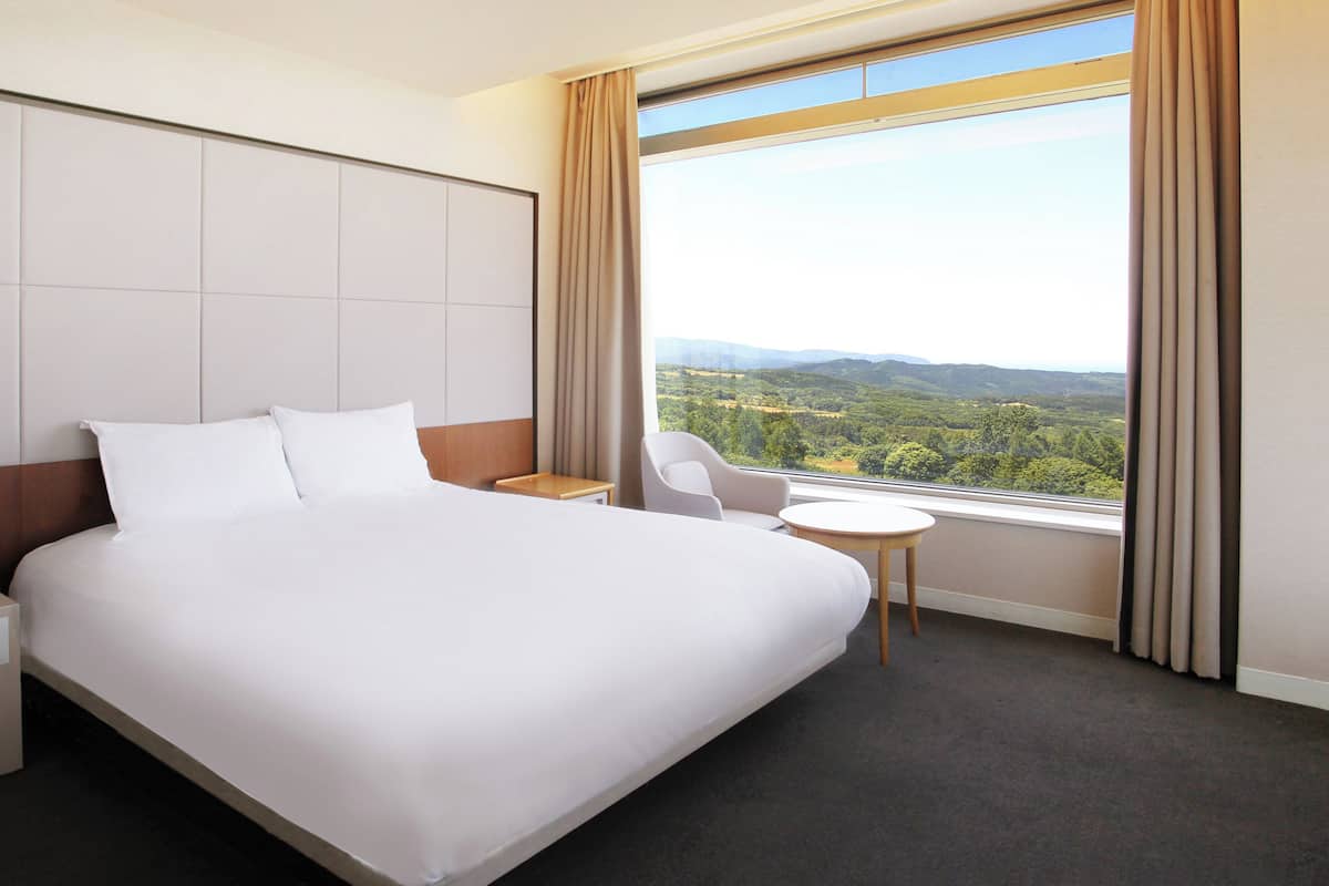 A hotel room with a large bed, a small table, a chair, and a window with a scenic view.