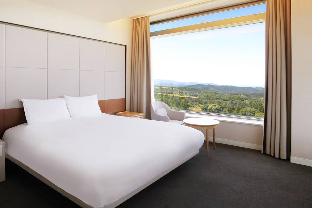 A hotel room with a large bed, a small table, a chair, and a window with a view of the countryside.