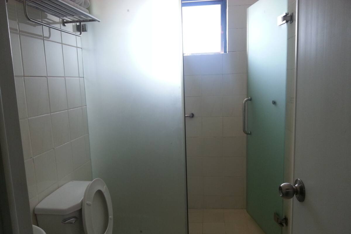 A small, narrow bathroom with a toilet, a shower stall, and a door with a handle.