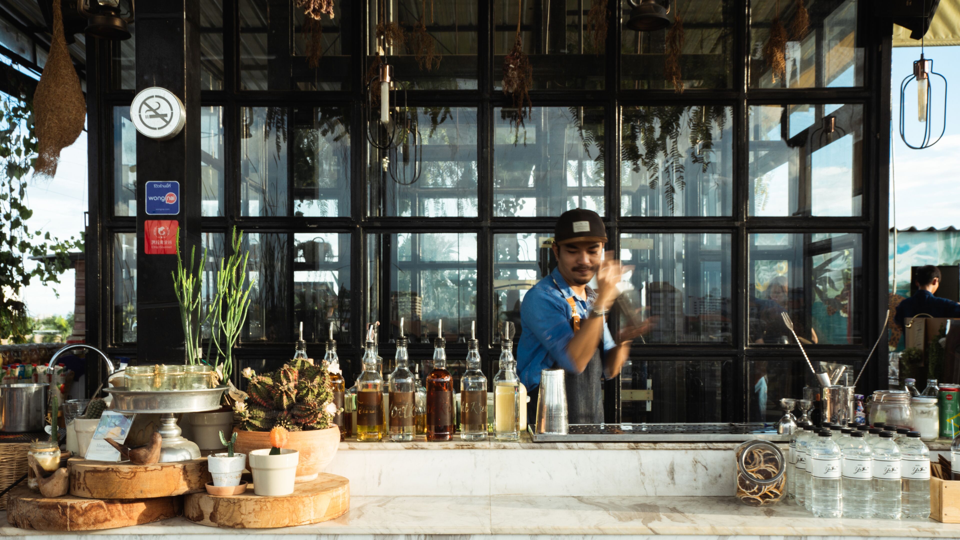 Zona de bar con mostrador, varias botellas y plantas en macetas.
