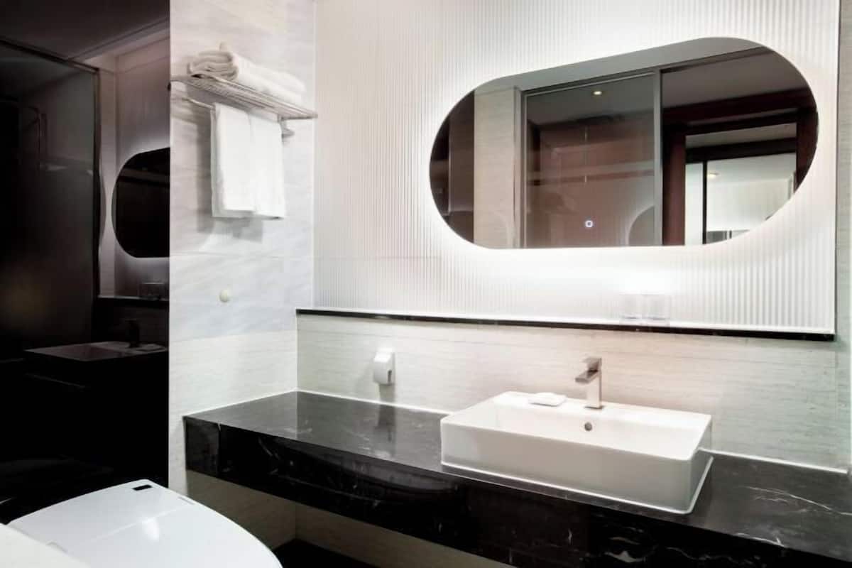 Separate bathtub and shower, hair dryer, slippers, bidet
