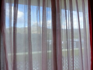 A view through sheer curtains with a visible outdoor scene.