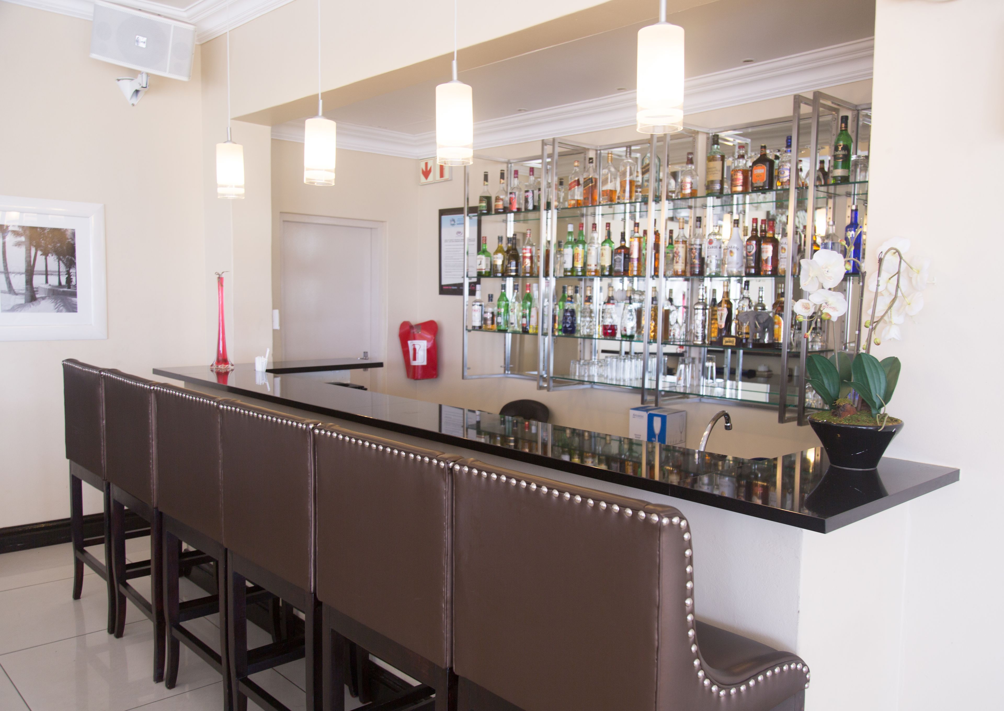 Zona de bar amb una barra llarga, diverses a seients i una varietat de botelles i gots a les prestatgeries.