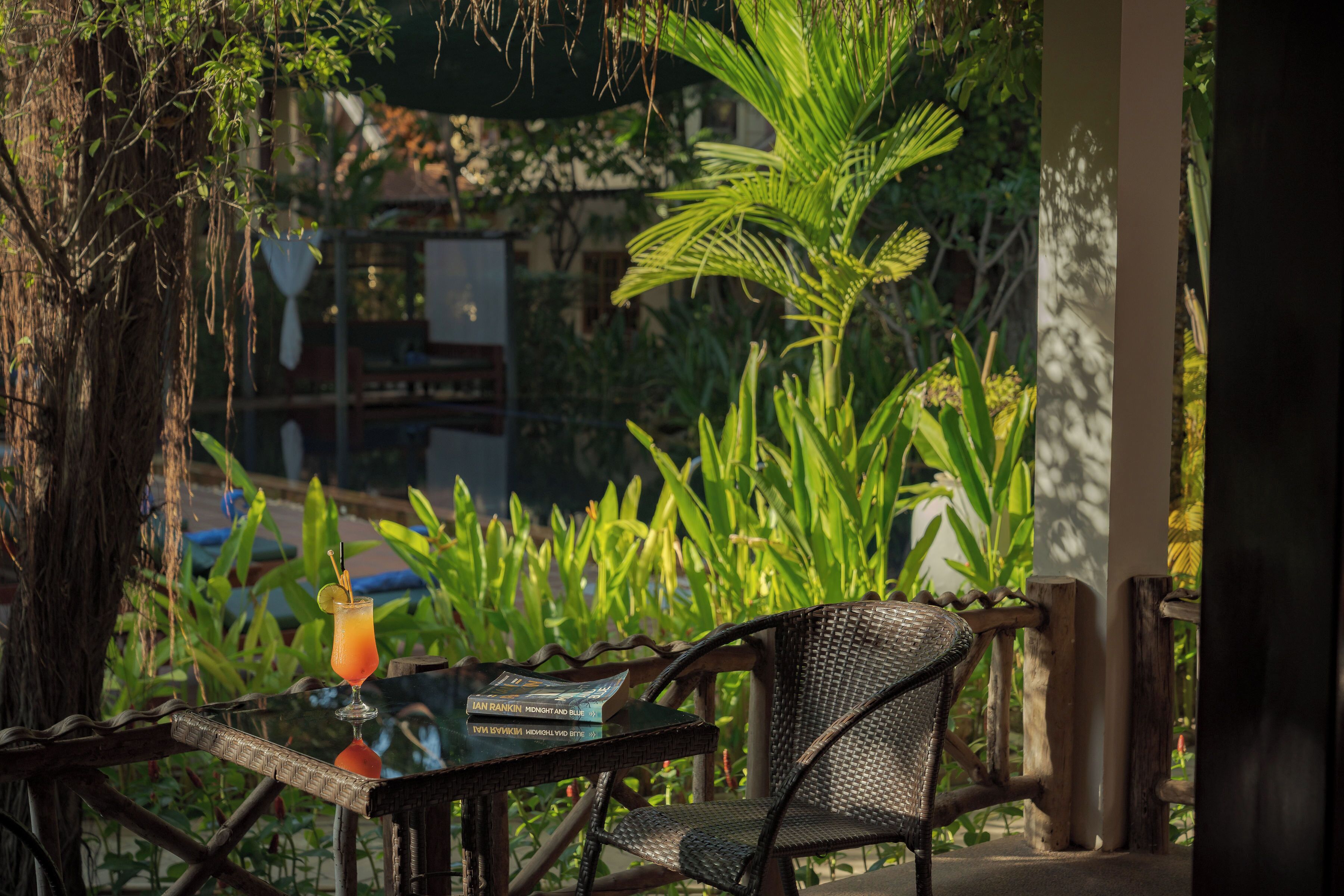 Une table avec une boisson et un livre, entourée de verdure, avec une chaise à proximité.