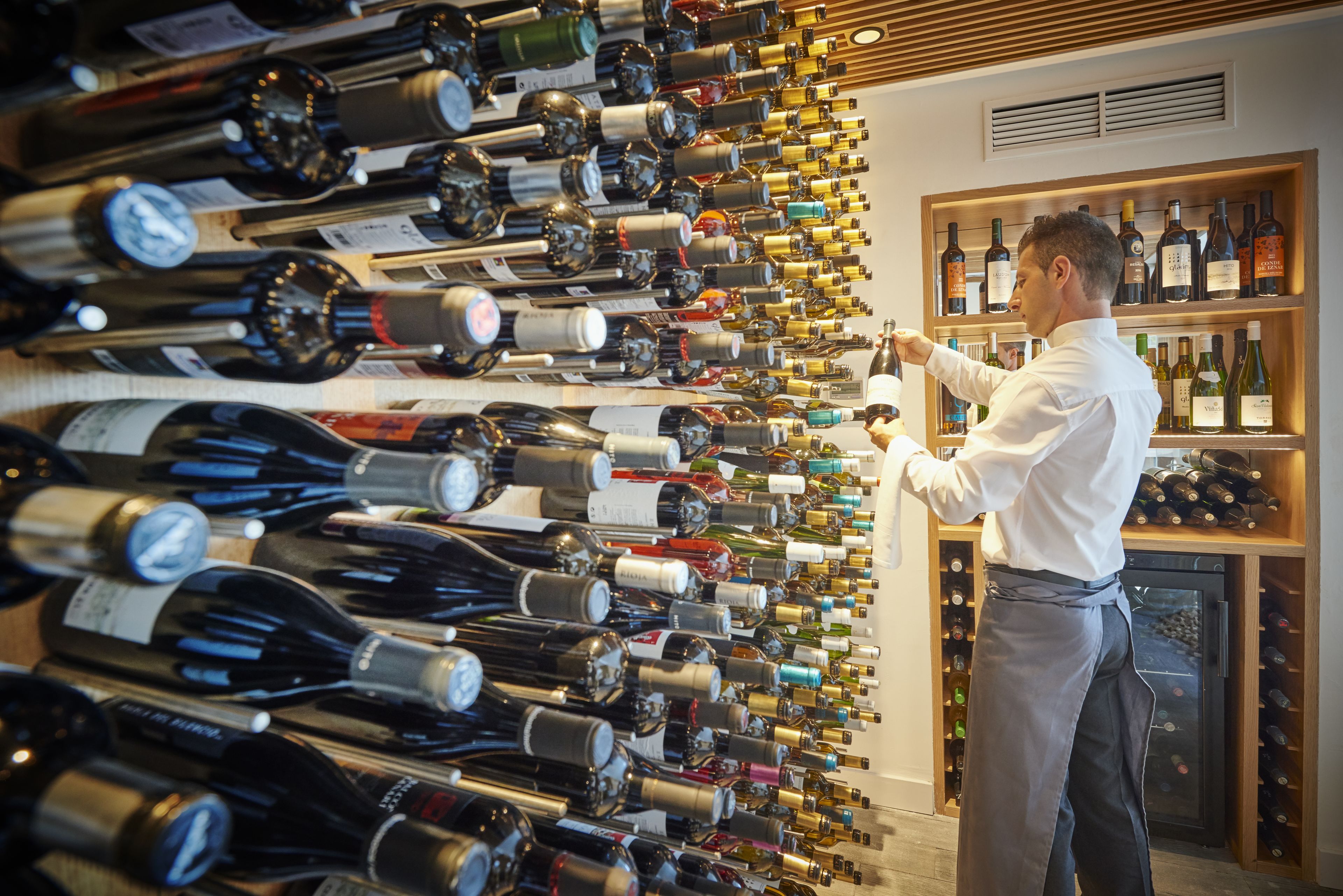 A wine cellar with numerous bottles organized on shelves and in a rack.