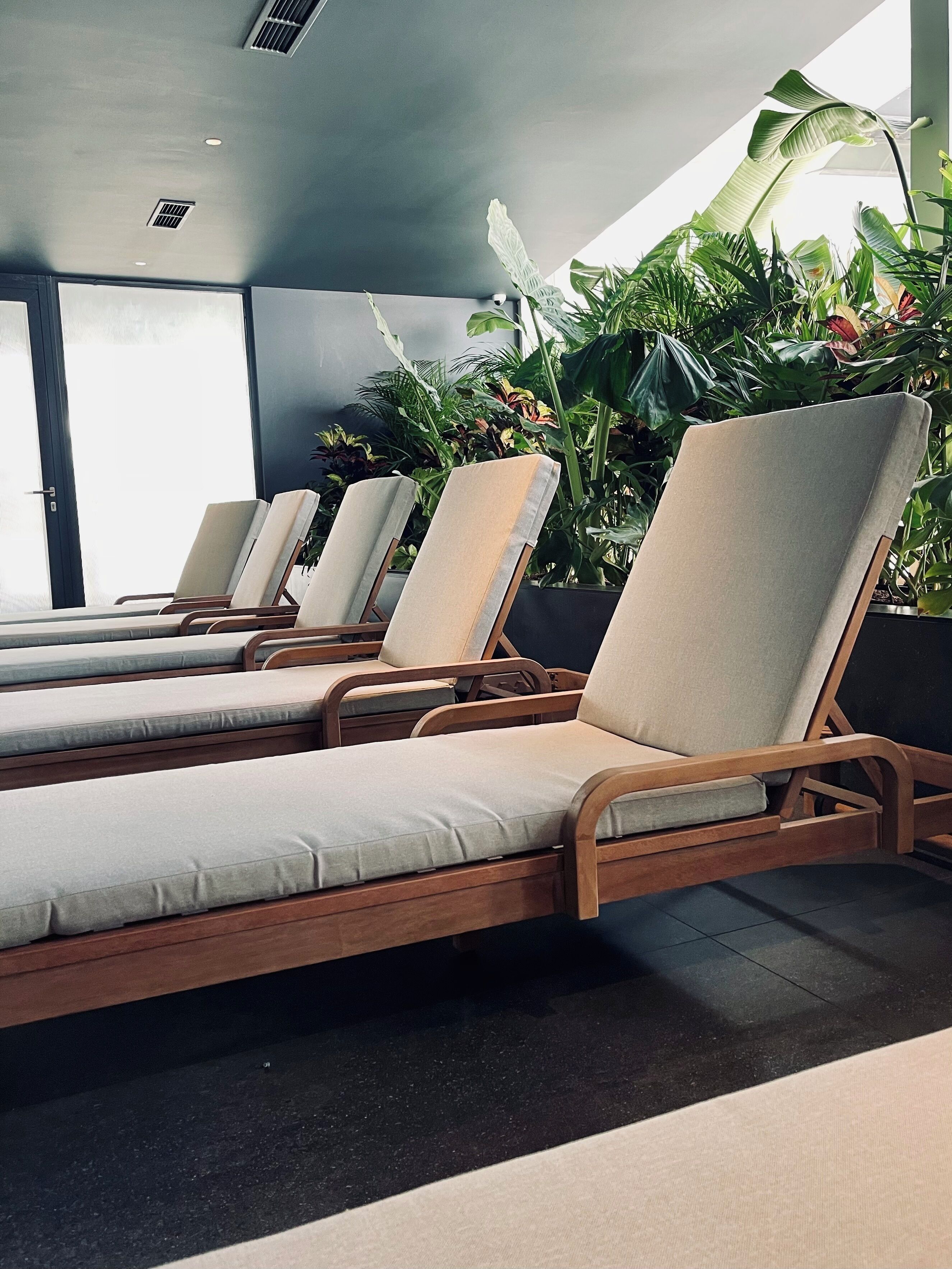 A row of wooden lounge chairs with beige cushions, positioned in a sunlit area with large windows and lush green plants in the background.