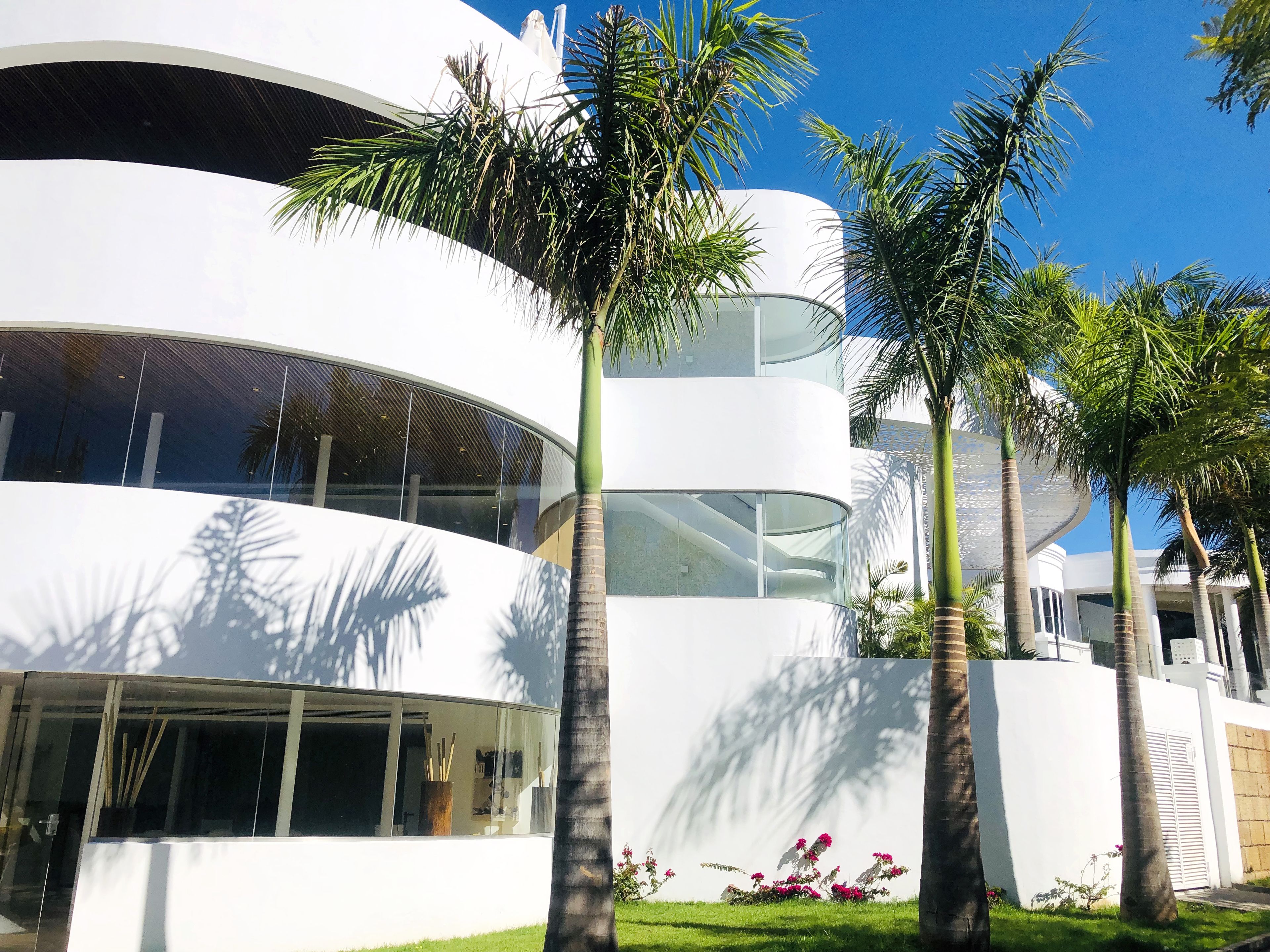 A modern, multi-story building with a curved facade, large windows, and palm trees in the foreground.
