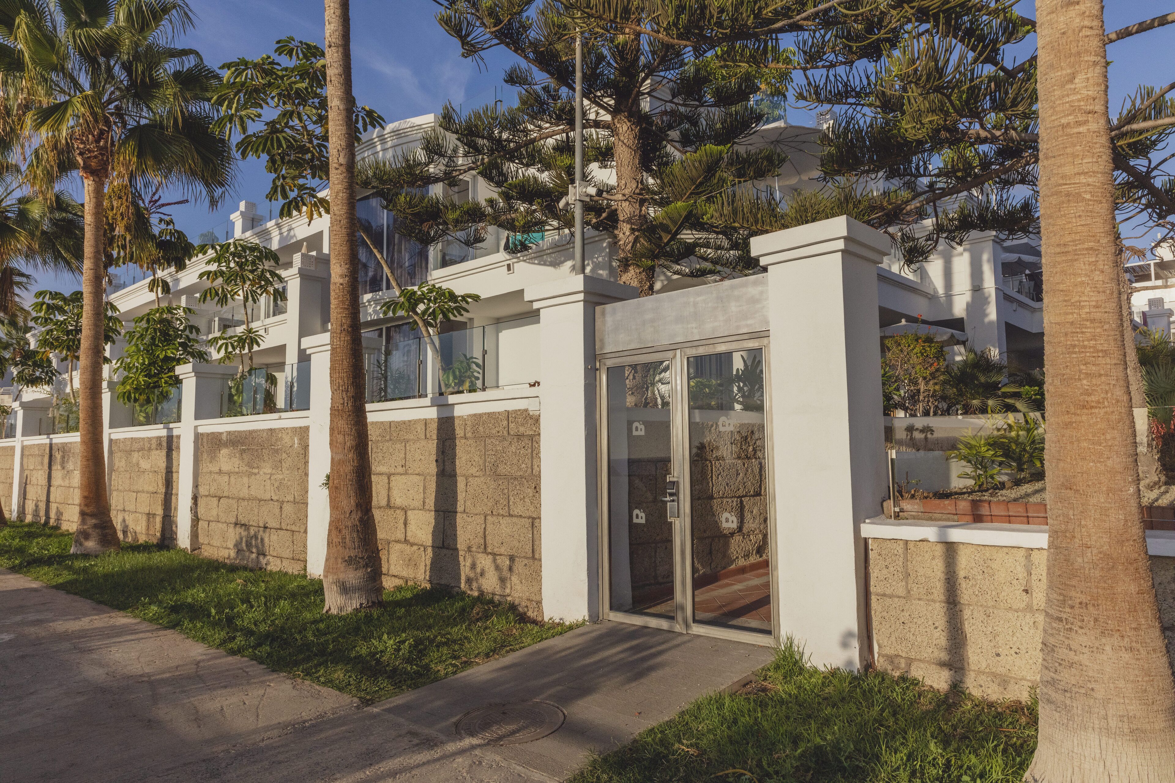 A modern building with a glass entrance, surrounded by palm trees and a stone wall.