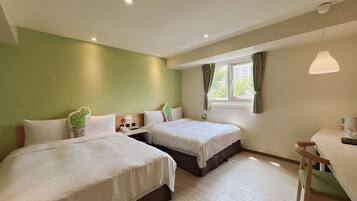 Down comforters, desk, blackout drapes, soundproofing