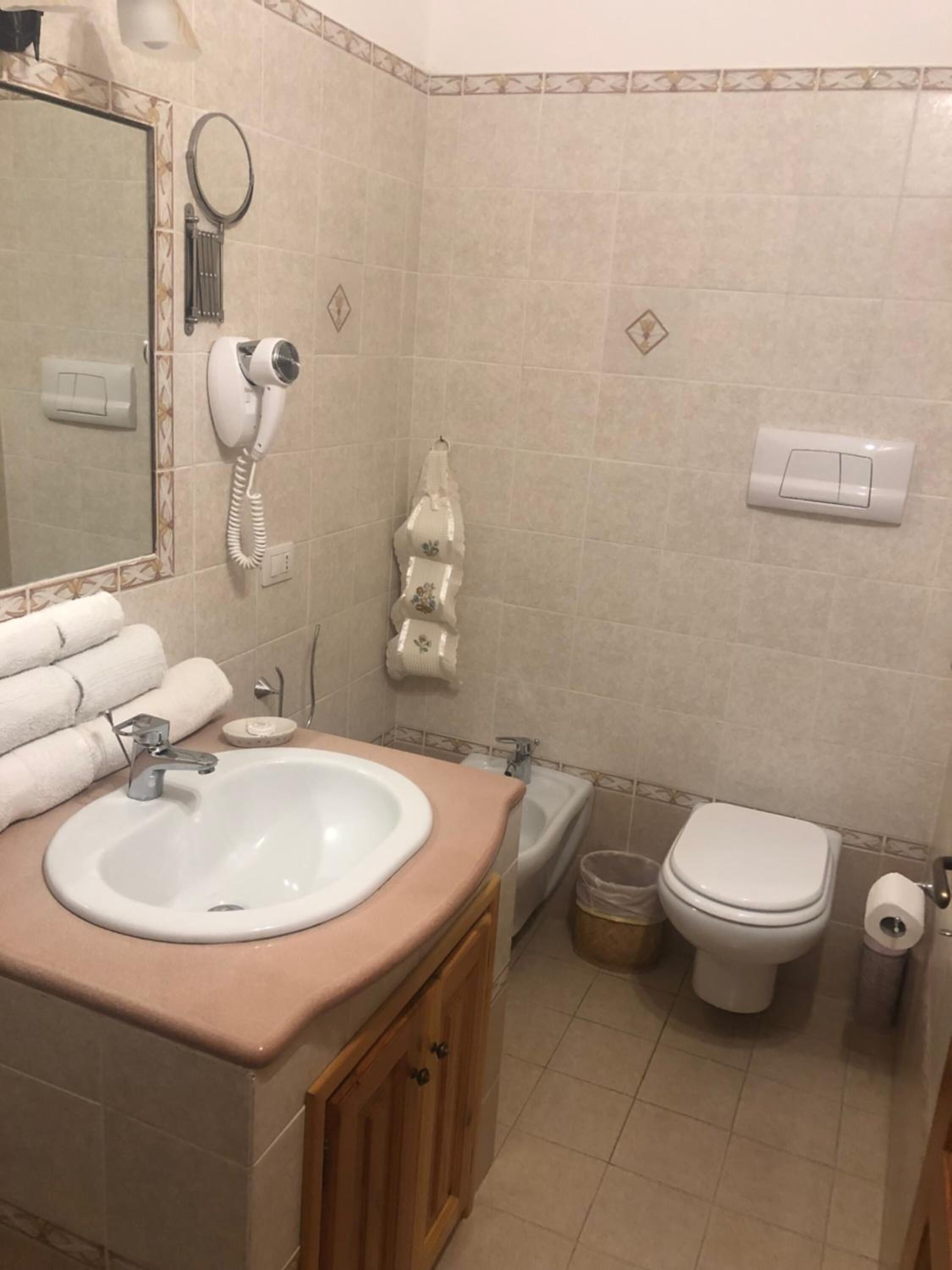 A bathroom with a sink, mirror, hairdryer, toilet, and bidet.