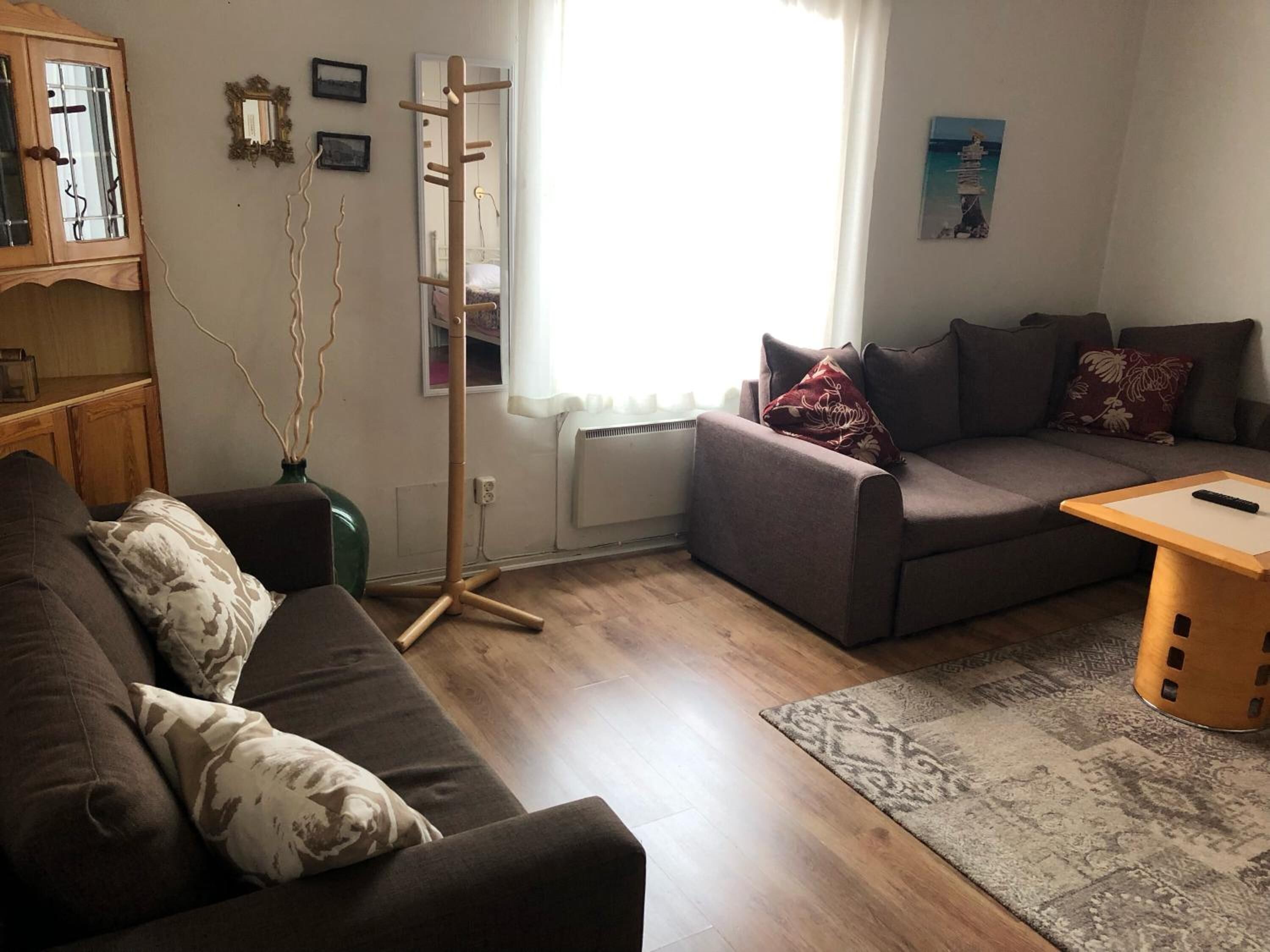 A living room with a sofa, a coffee table, a standing heater, and a radiator.