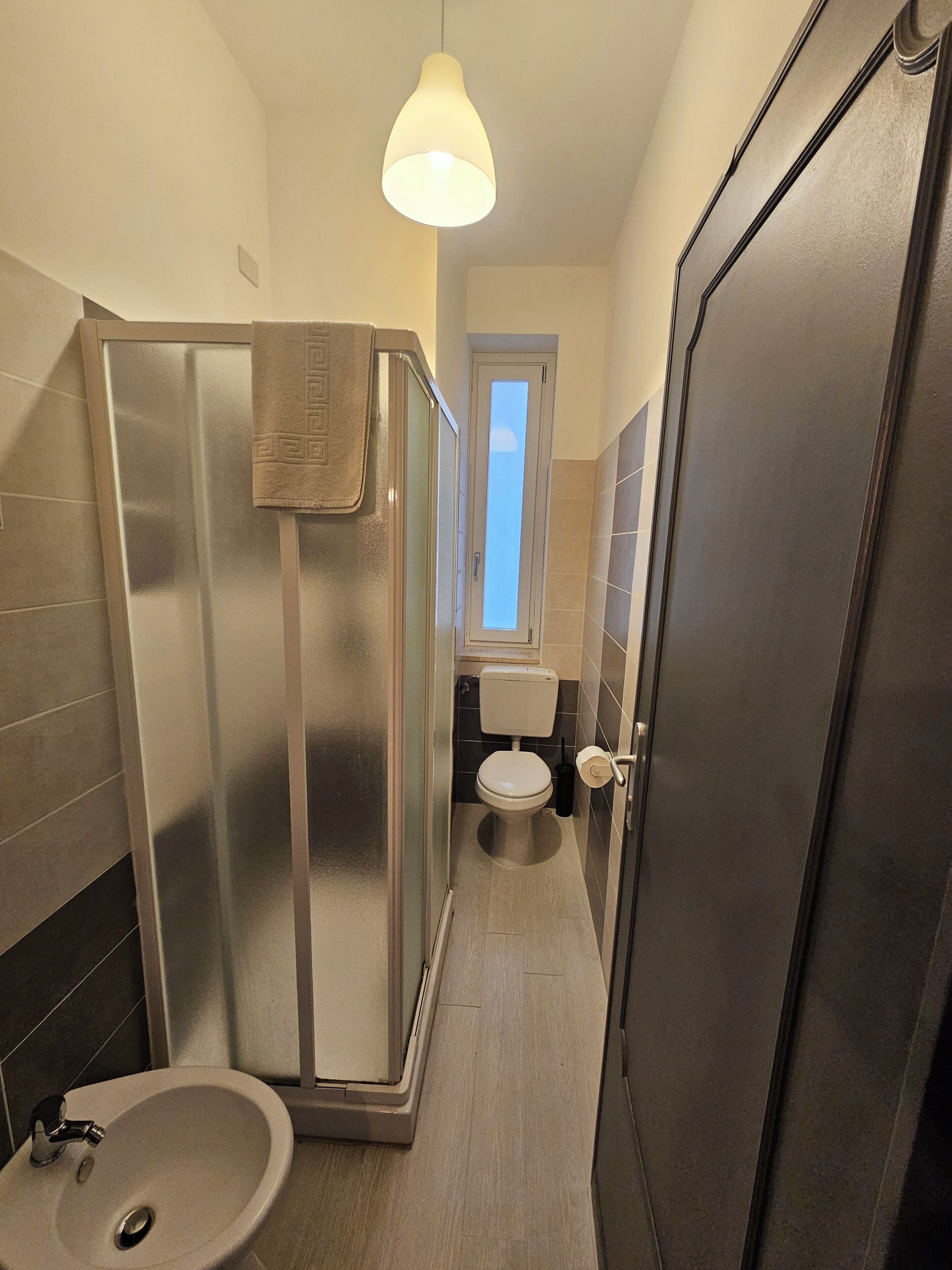 A modern bathroom with a shower enclosure, a sink, and a toilet.