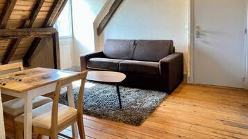 Een knus loft slaapkamer met een houten plafond, een donkerbruine bank, een tafeltje en een stoel.