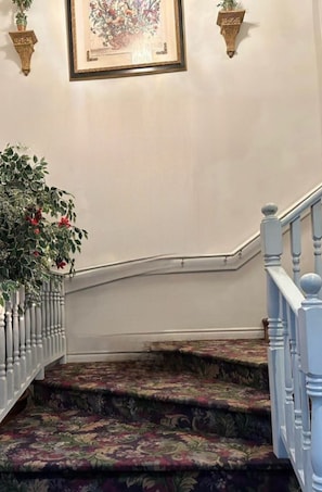 A staircase with a floral carpet, a potted plant, and a framed artwork on the wall. - Bridgewater Hotel (Bridgewater)