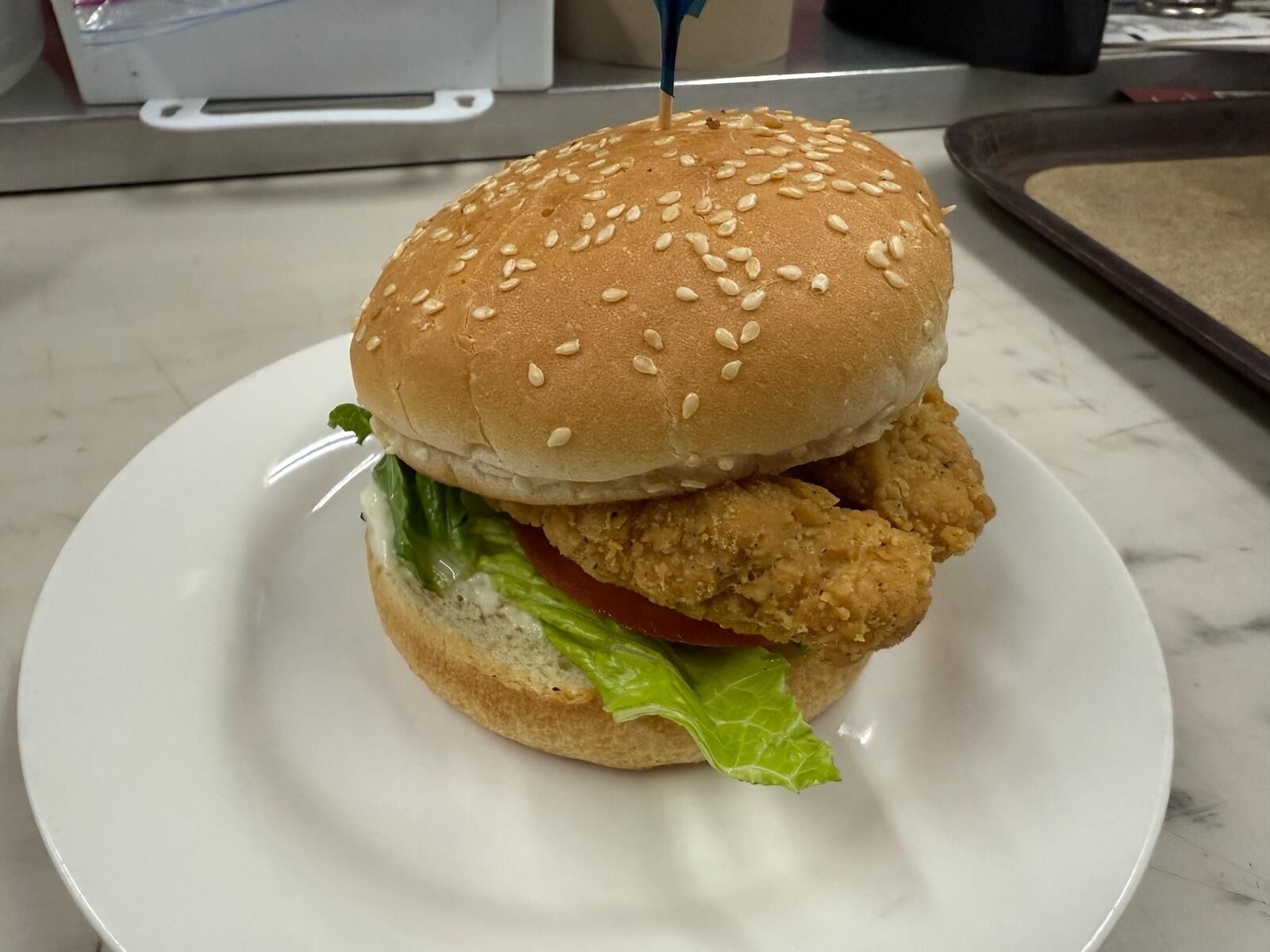 Un panino con pane ai semi di sesamo, lattuga e una cotoletta di pollo fritto su un piatto bianco.