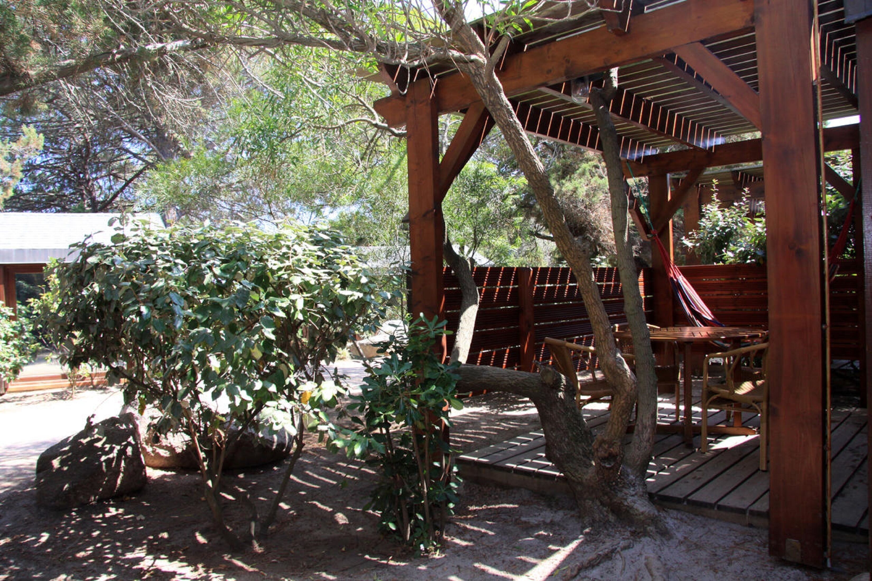 A wooden pergola structure with a table and chairs underneath, surrounded by trees and a gravel path.