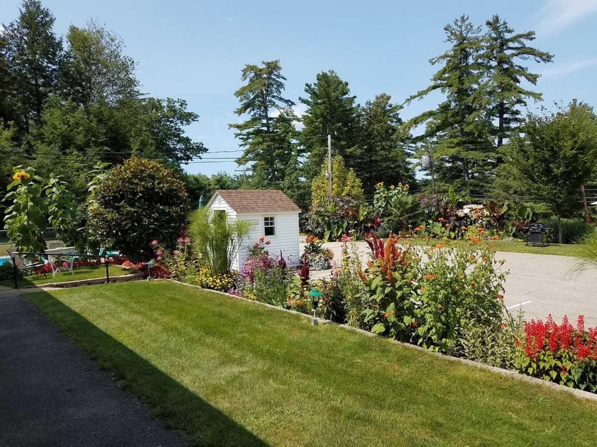Una casa blanca pequeña rodeada de un jardín bien cuidado con diversas plantas y flores.