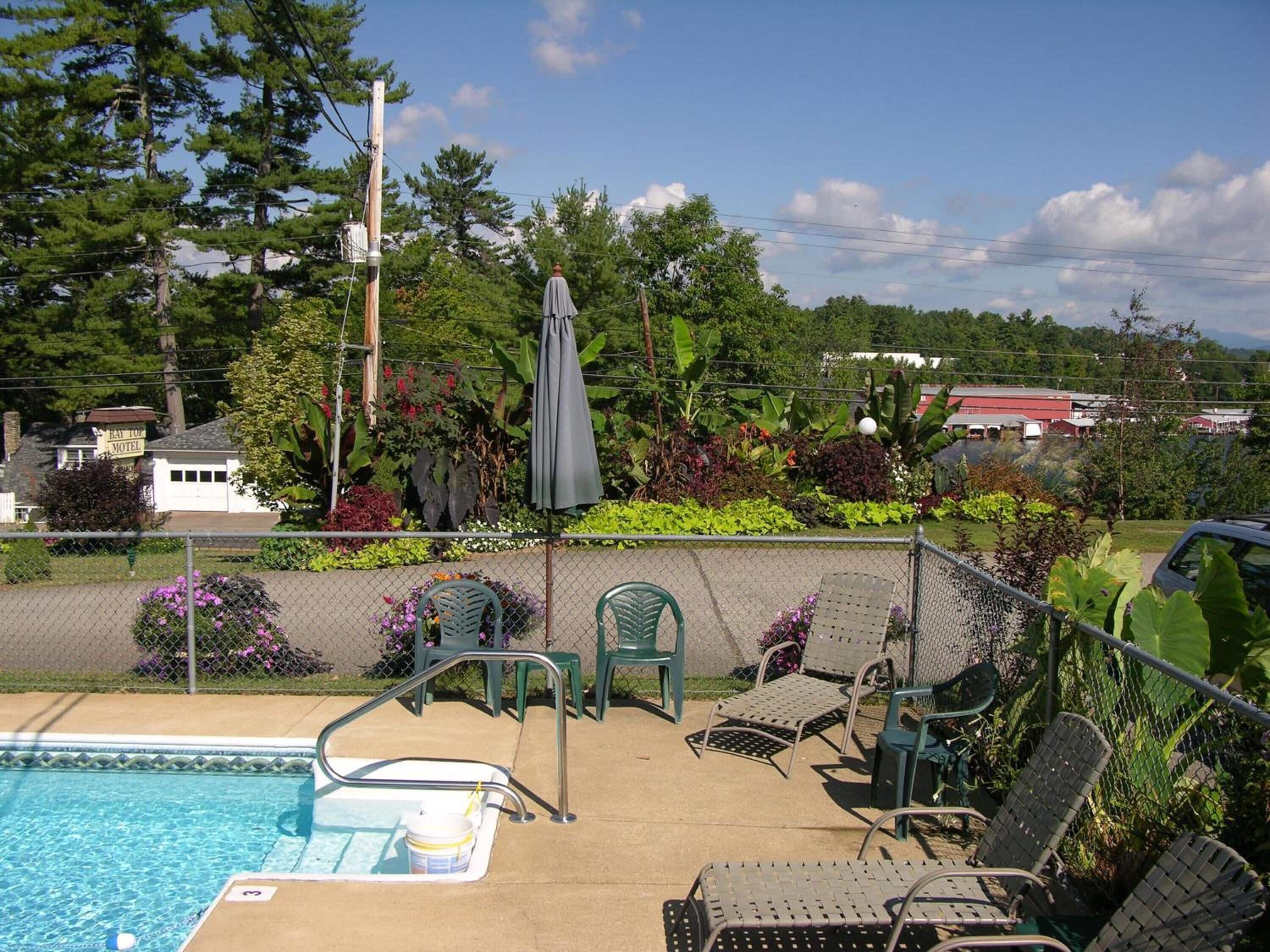 A pool area with a diving board, lounge chairs, and a covered umbrella.