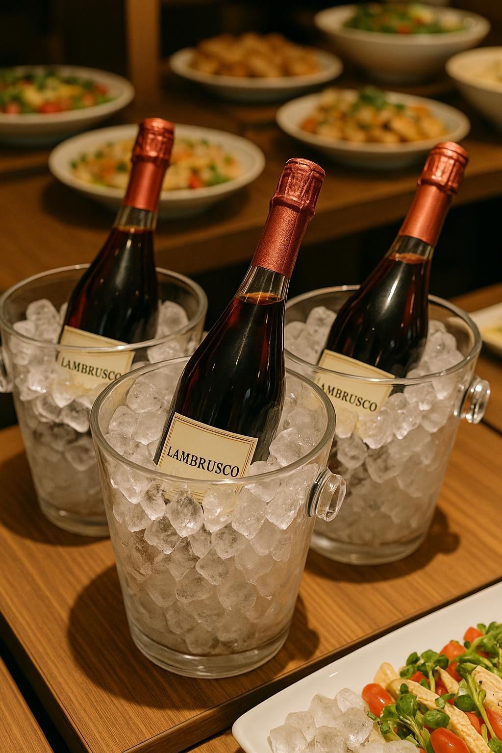 Cuatro botellas de vino en cubiteras etiquetadas como "LAMBRUSCO" sobre una mesa con varios platos al fondo.