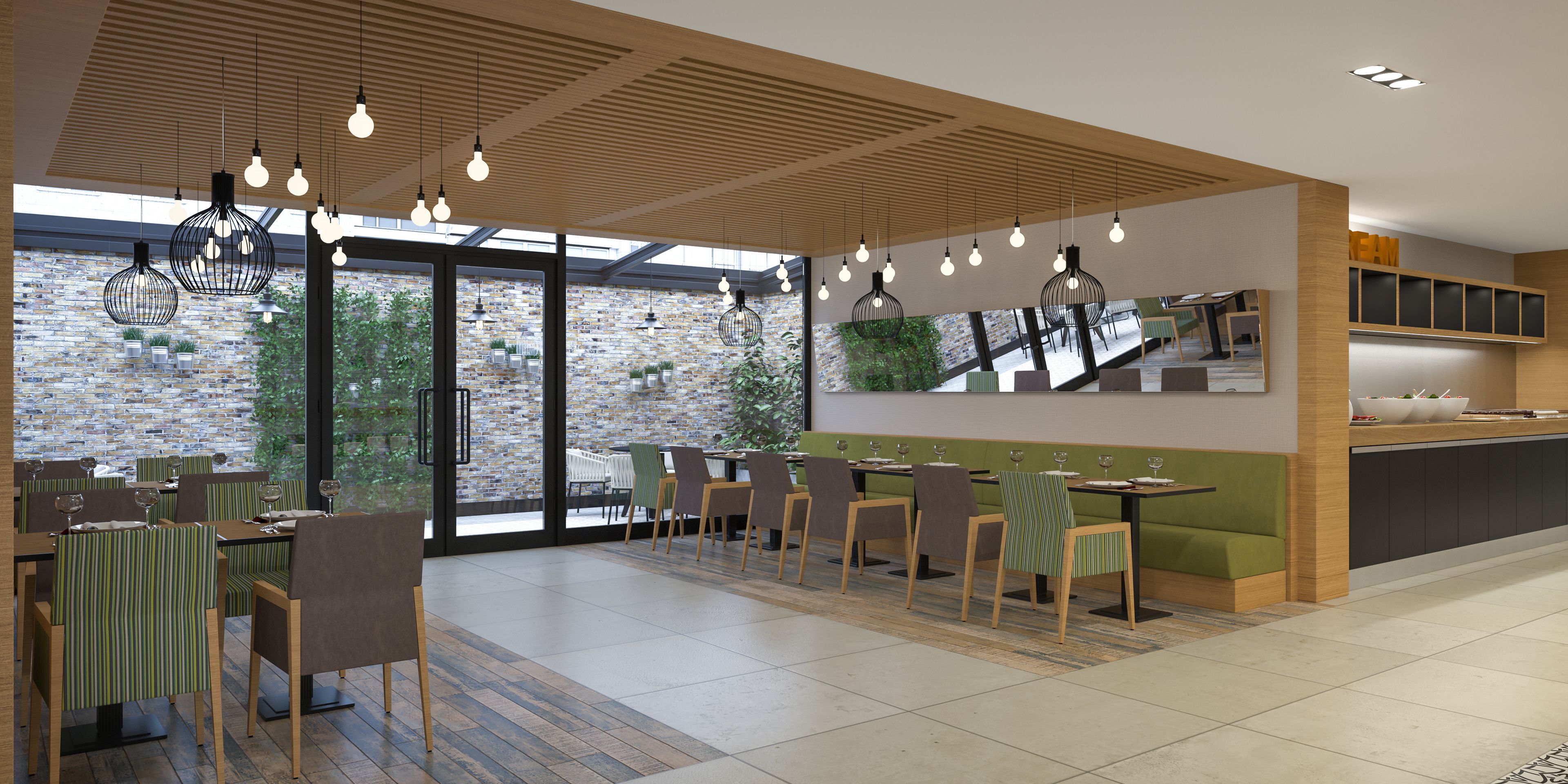 Un restaurant moderne avec un mur en briques, un plafond en bois et des chaises à rayures.