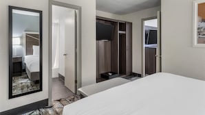 A hotel room with a bed, a mirror, a wardrobe, and a television.