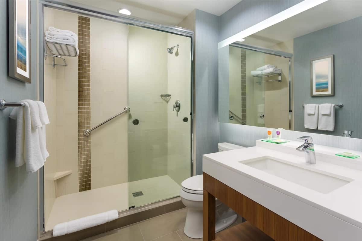 A modern bathroom with a glass-enclosed shower, a white sink with a wooden vanity, and a large mirror.