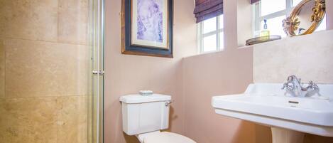 A bathroom with a toilet, a sink, and a framed artwork on the wall.