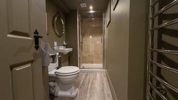 A narrow hallway with a toilet, sink, and shower area.