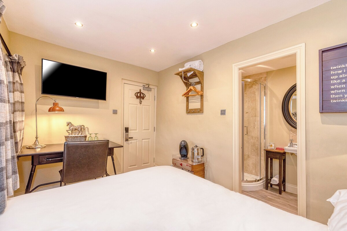 A hotel room with a bed, desk, chair, TV, and a shower area.