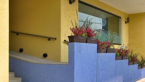 Una escalera con escalones azules que lleva a un rellano con una puerta de cristal y plantas en macetas.