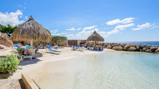 A beach with clear water, thatched-roof huts, and sun loungers. - Curacao Luxury Holiday Rentals (Willemstad)