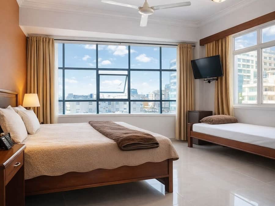 Quarto triplo | Escrivaninha, espaço de trabalho para notebook, cortinas blackout