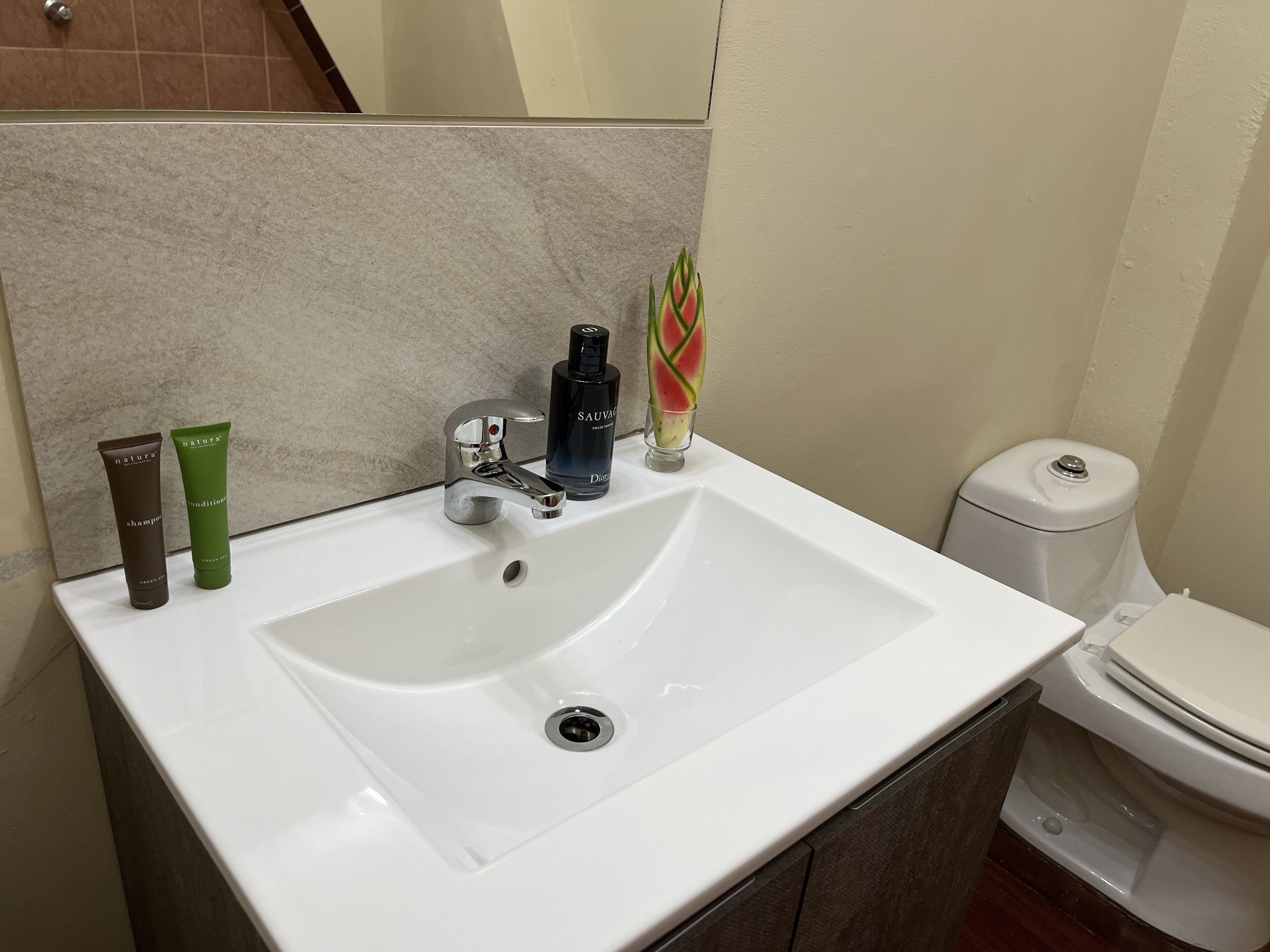 A bathroom with a white sink, two toiletries, a faucet, and a toilet.