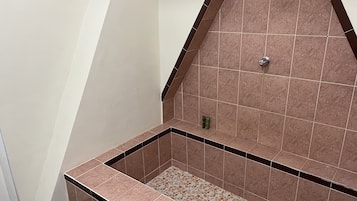 Simple, functional space with vaulted ceiling and tile-lined walls.