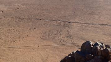 A desert landscape with a large rock formation in the foreground and a faint animal track in the sand.