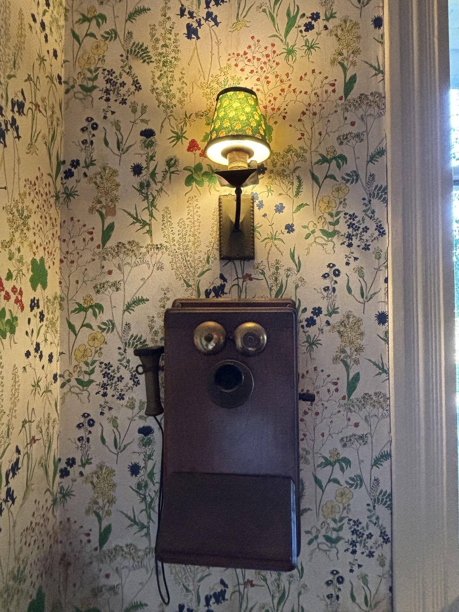 Une lampe murale avec un fond de papier peint à motifs floraux.