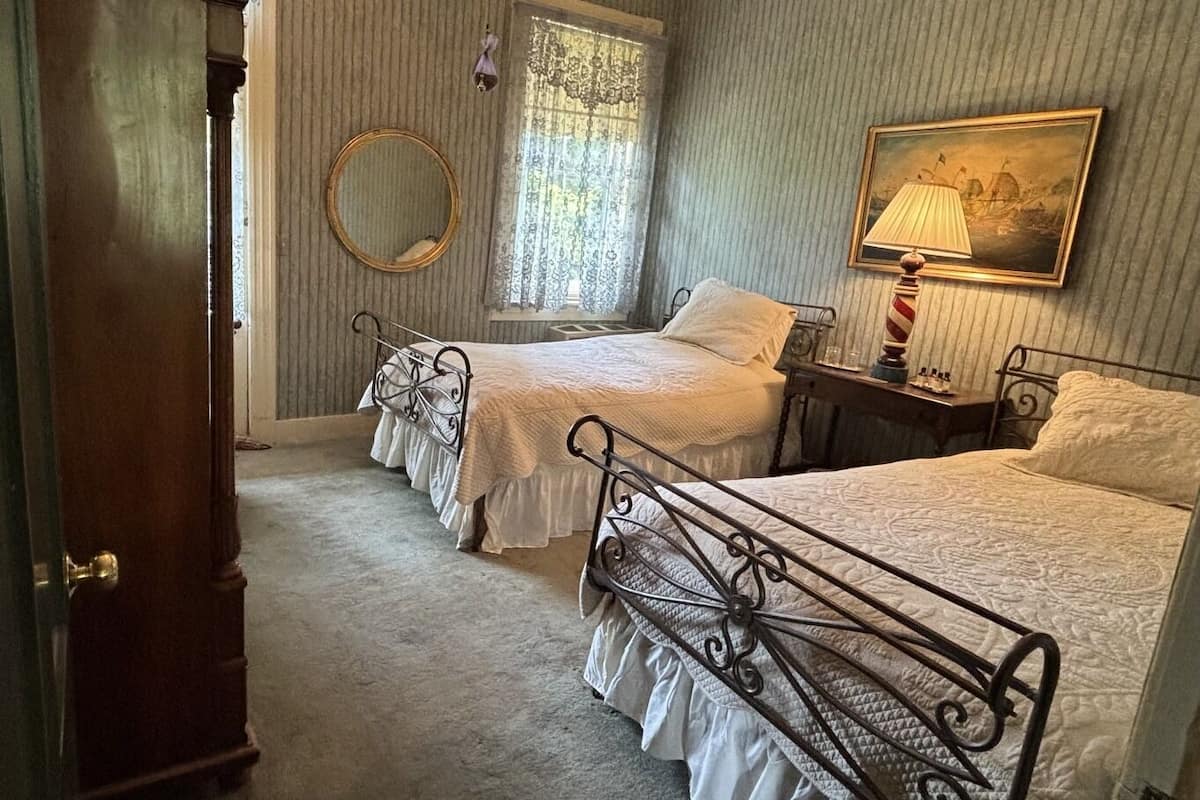 Un dormitorio con dos camas, un espejo, una ventana con cortinas, un cuadro y una lámpara.
