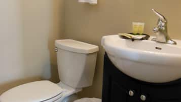 Une salle de bain équipée de toilettes, d’un lavabo et d’une poubelle.
