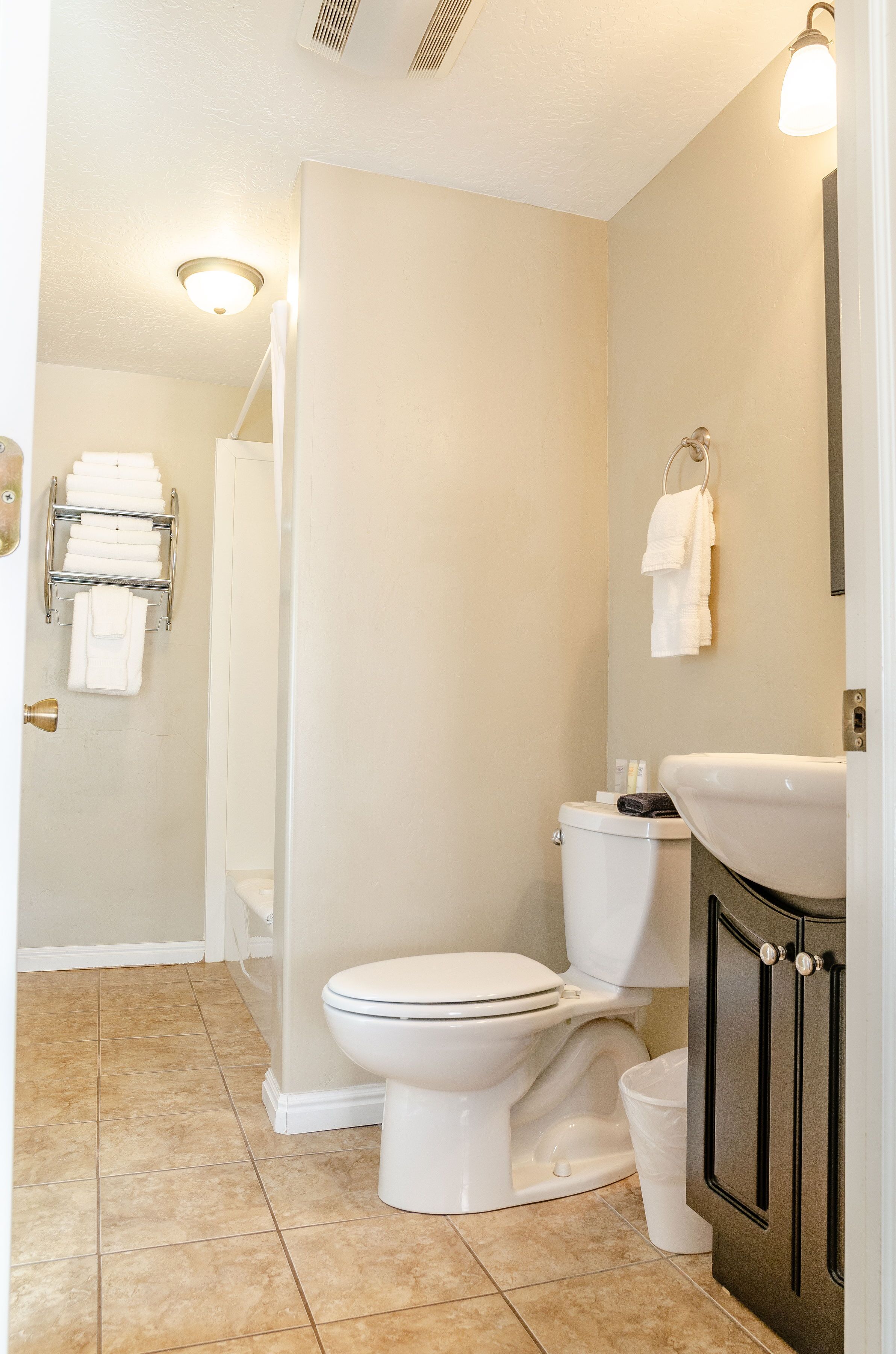 Een badkamer met toilet, wastafel en handdoekhouder.