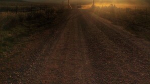 A rural road leading to a sunset with a vehicle in the distance.