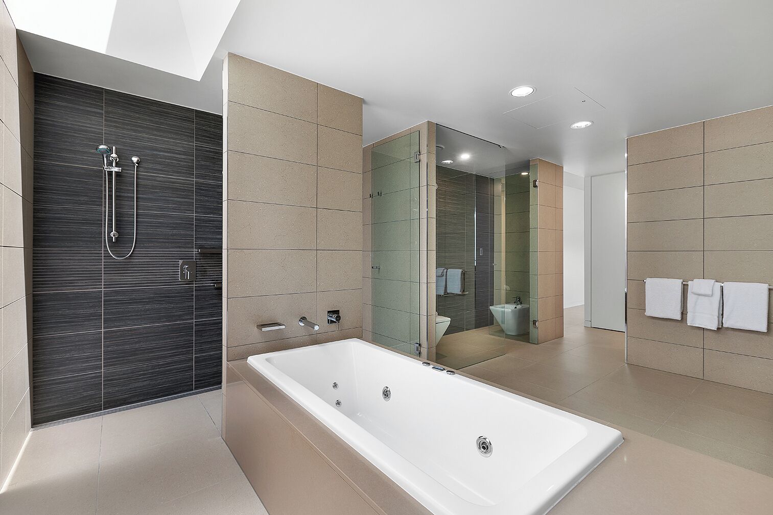 A modern bathroom with a large bathtub, a glass-enclosed shower, and a toilet visible through the glass.