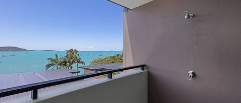 A balcony with a view of the sea, a door, and a window.
