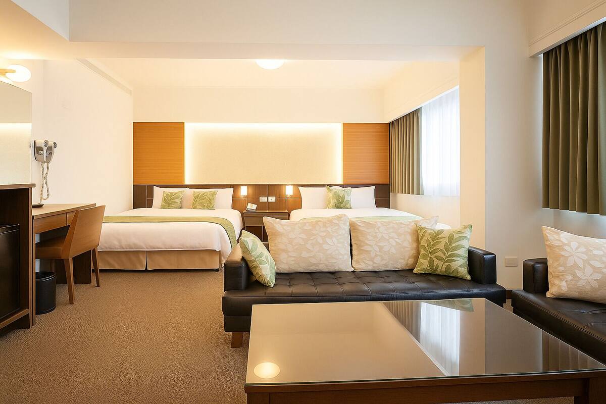 A hotel room with a bed, two bedside tables, a desk with a chair, a sofa, and a glass coffee table.