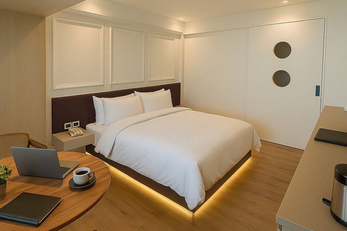 A modern hotel room with a neatly made bed, a desk with a laptop and a cup, and a small table with a plant.
