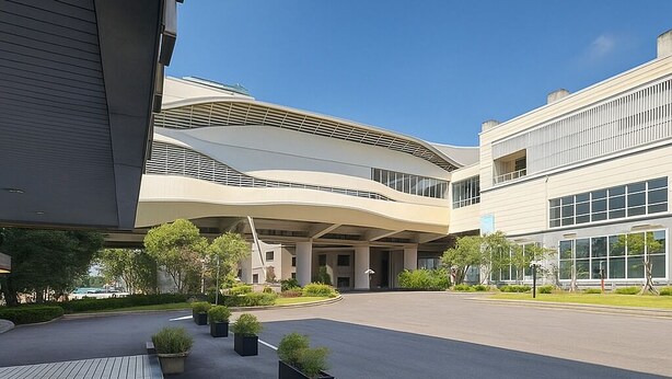 A modern building with a curved facade, a paved entrance area with planters, and a clear sky. - Ful Won Hotel (Taichung)