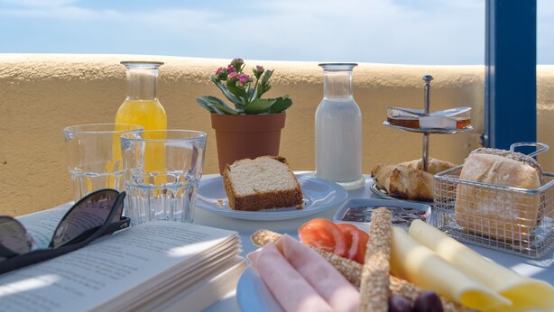 Una mesa con alimentos para el desayuno, como pan, tomates y queso, junto con una planta en maceta y vasos de jugo.