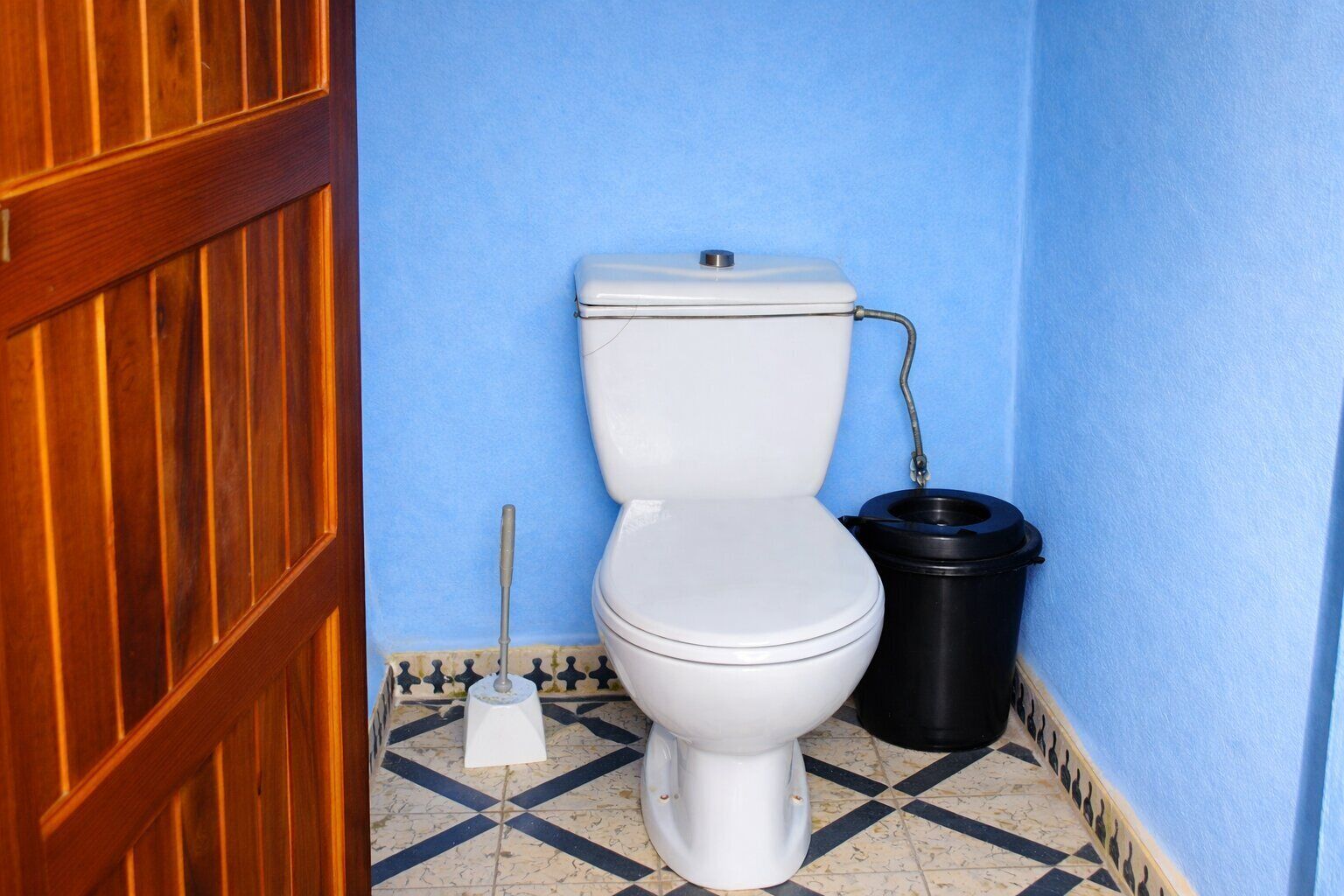 Un inodoro con un cubo de basura negro a su lado, un desatascador en el suelo y una pared azul.