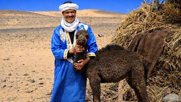 A person in traditional attire holding a small animal in a desert setting.