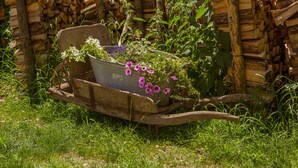 Un carretón con una maceta y plantas, rodeado de pilas de leña.