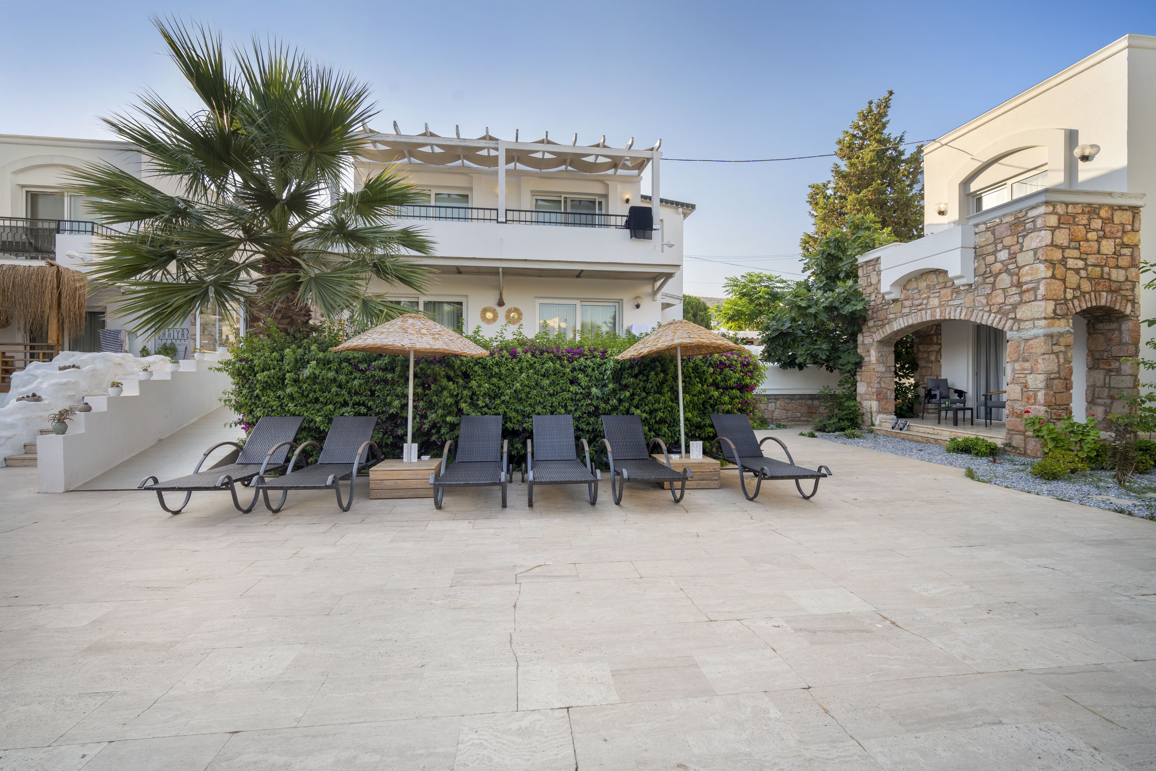 A courtyard with lounge chairs and umbrellas, a palm tree, and a building with stone architecture.